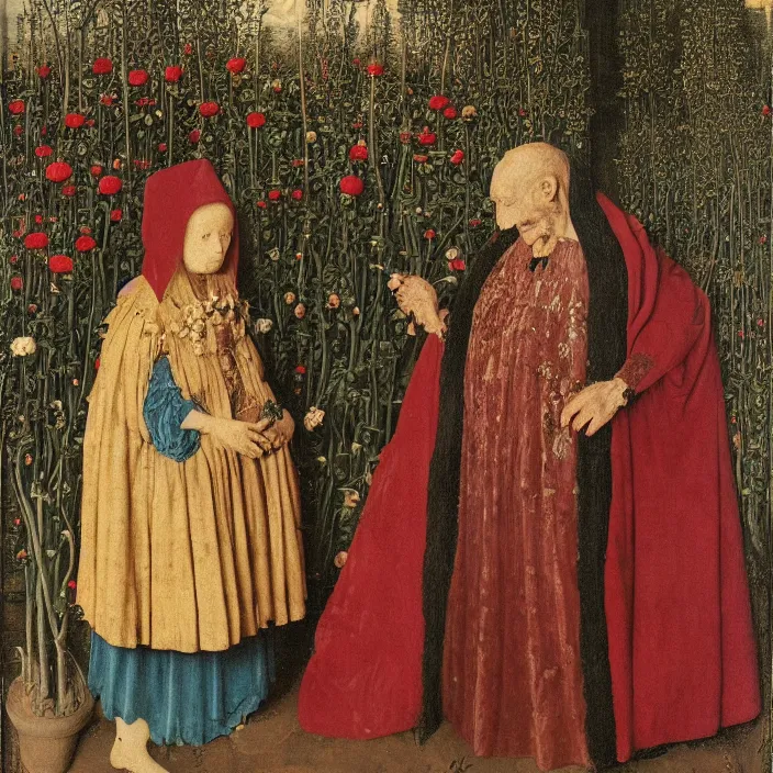 Image similar to a woman wearing a hooded cloak made of flowers, standing next to a creepy old man, by Jan van Eyck