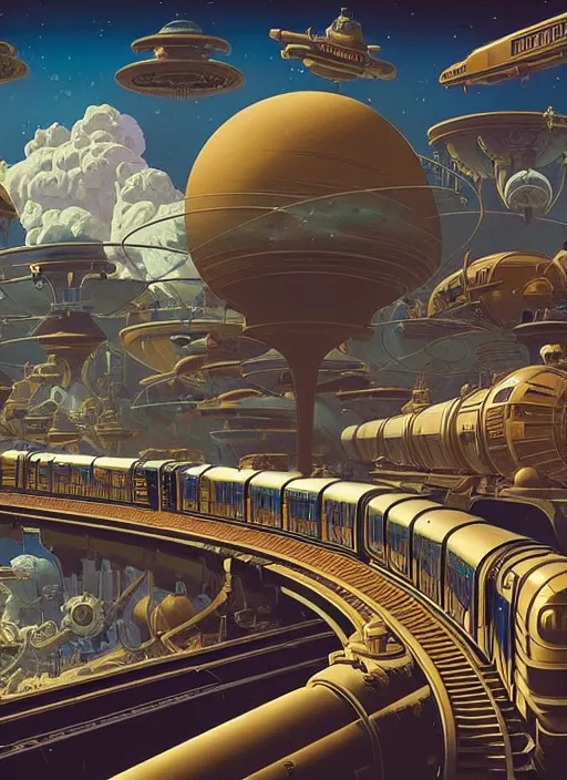 Image similar to a steampunk train in hyperspace by paolo eleuteri serpieri and tomer hanuka and chesley bonestell and daniel merriam and tomokazu matsuyama, unreal engine, high resolution render, featured on artstation, octane, 8 k, highly intricate details, vivid colors