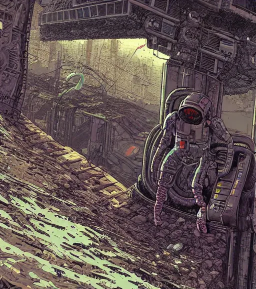 Image similar to a cyberpunk mole man explores alien ruins, techwear, Industrial Scifi, detailed illustration, character portrait, by Martin Grip and Moebius