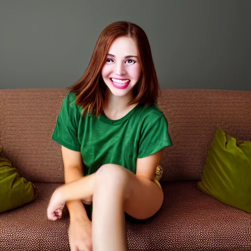 Image similar to a cute young woman smiling, long shiny bronze brown hair, full round face, green eyes, medium skin tone, light cute freckles, smiling softly, wearing casual clothing, relaxing on a modern couch, interior lighting, cozy living room background, medium shot, mid-shot, soft focus