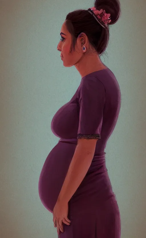 Image similar to a front view portrait of a hispanic pregnant lady illustration, trending on artstation
