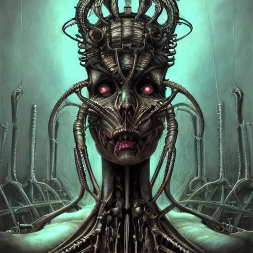 Prompt: a portrait of a beautiful biomechanical queen of necropolis, horror concept art by giger and beksinski and szukalski and wlop and pete mohrbacher, digital art, highly detailed, intricate, sci-fi, sharp focus, Trending on Artstation HQ, deviantart, unreal engine 5, 4K UHD image