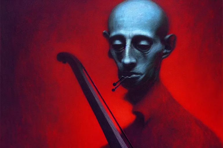 Image similar to abstract tech concept of the mystery musician with colored smoke playing a violin, in the style of rafał olbinski, in the style of beksinski, intricate and epic composition, red by caravaggio, insanely quality, highly detailed, masterpiece, purple light, artstation, 4 k