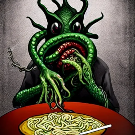 Image similar to Cthulhu monster using its tentacle sitting at table eating ramen H.P. Lovecraft