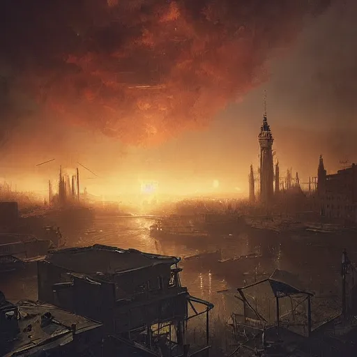 Prompt: amsterdam in a post apocalyptic earth as seen by greg rutkowski, dark theme, enchanted, warm colors, high quality, waw, trending on artstation