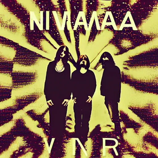 Prompt: nirvana album cover with text spelling away