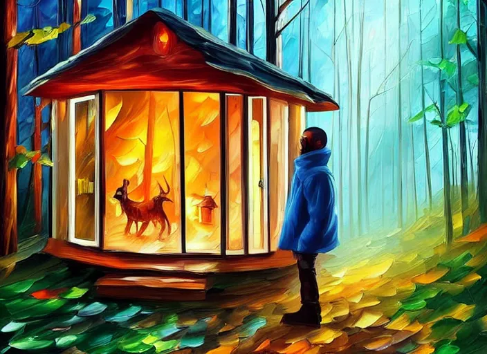 Image similar to Kanye West standing behind the window of his little mushroom house, magical forest, Alena Aenami, Leonid Afremov