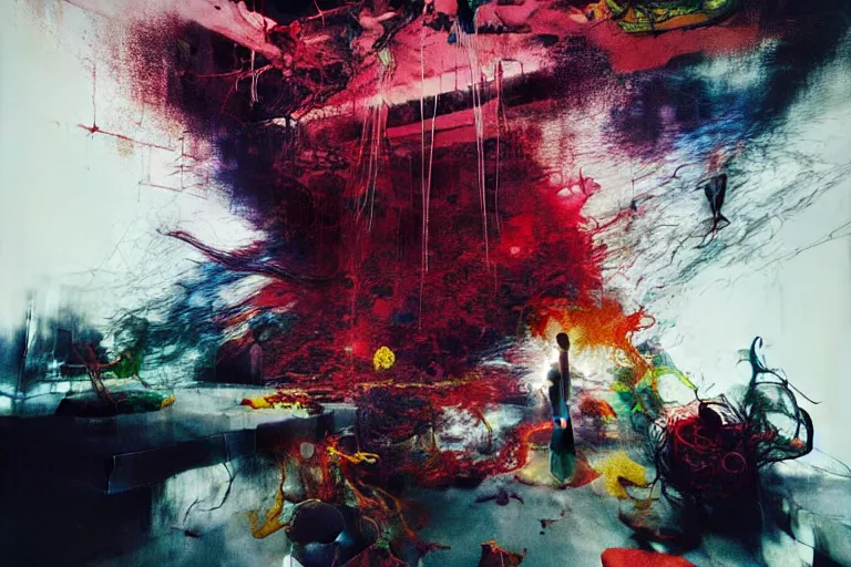 Prompt: the physical impossibility of death, in a brutalist designed space ship, gothic, rich deep colours, eerie vibrating colour palette of adrian ghenie, painted by francis bacon, james jean and petra cortright, part by gerhard richter, part by takato yamamoto. soft light 8 k masterpiece