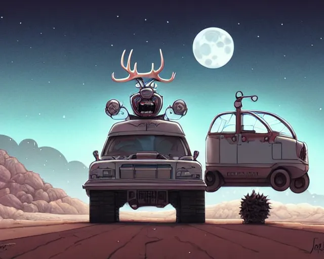 Image similar to a cell shaded cartoon grey lovecraftian mechanized santa + deer robot, with a big head, on a desert road, wide shot, in front of a big moon, muted colors, post grunge, josan gonzales, wlop, by james jean, victor ngai, hq, deviantart, art by artgem