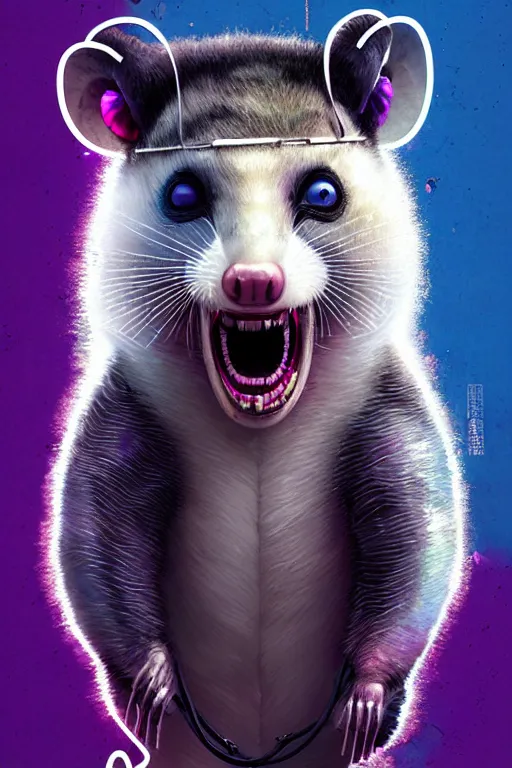 Image similar to a beautiful portrait of a cute cyberpunk opossum screaming by sandra chevrier and greg rutkowski and wlop, purple blue color scheme, high key lighting, volumetric light, digital art, highly detailed, fine detail, intricate, ornate, complex, octane render, unreal engine, photorealistic