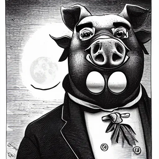 Image similar to closeup portrait of a angry pig in a tuxedo, dramatic lighting, farm background, moon, chiaroscuro, high detail, illustration by gustave dore