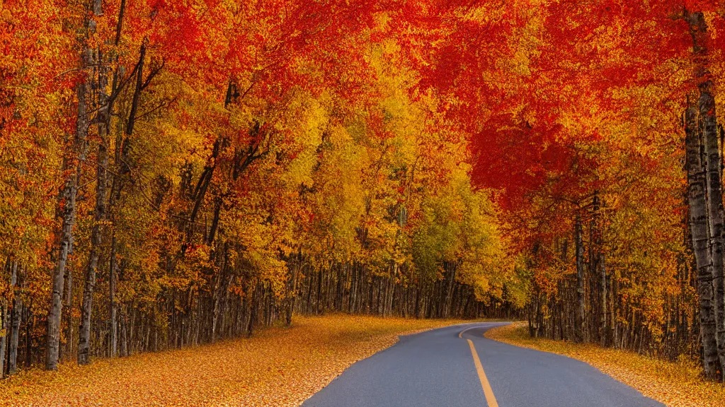 Prompt: a photograph of a country! road lined on both sides by maple and poplar trees, in the autumn, red orange and yellow leaves, some leaves have fallen and are under the trees and on the road