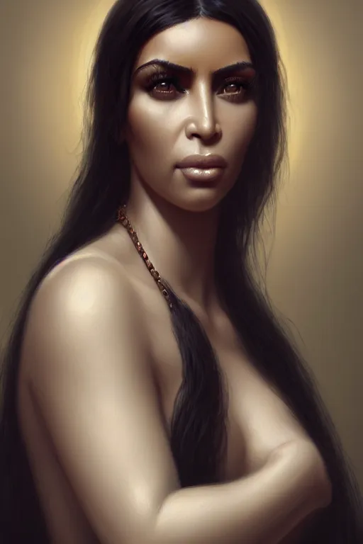 Prompt: a demonic horrific portrait of kim kardashian, white eyes, bored, illustration, soft lighting, soft details, painting oil on canvas by edmund blair leighton and charlie bowater octane render, hdr, trending on artstation, 4 k, 8 k, hd