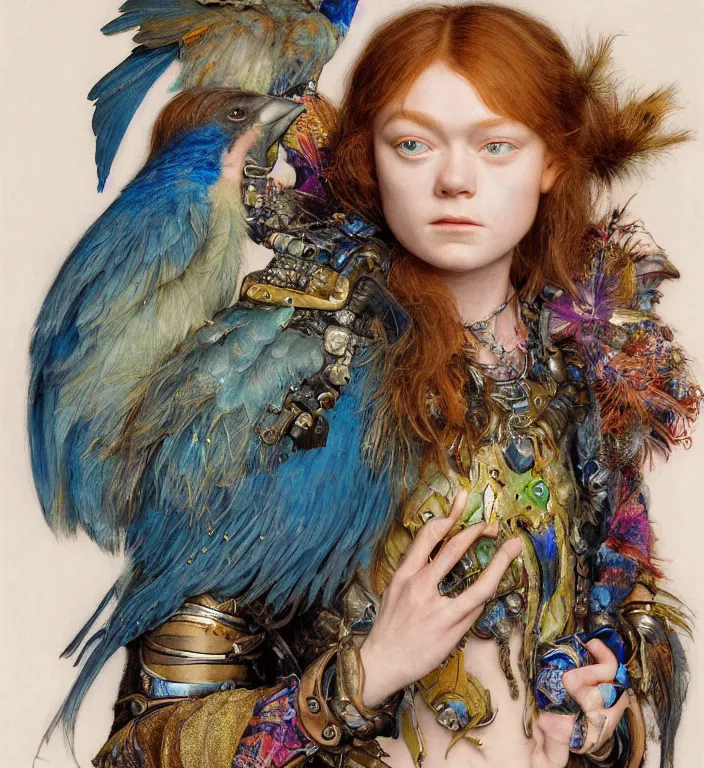 Image similar to a portrait photograph of a meditating fierce sadie sink as a colorful harpy bird super hero with blue mutated skin. she has animal skin grafts and cyborg body modifications and implants. by donato giancola, hans holbein, walton ford, gaston bussiere, peter mohrbacher and brian froud. 8 k, cgsociety, fashion editorial