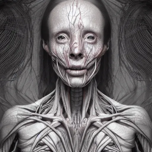 Image similar to female human with translucent skin, visible muscles and veins and arteries and bones and spine and nerves, beautiful detailed intricate insanely detailed octane render, 8K artistic photography, photorealistic, chiaroscuro, by David Cronenberg, Raphael, Caravaggio