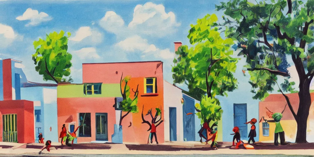 Prompt: 1 9 4 0 s corner of a concrete row house, painted in bright colors, children playing on the street, trees, blue sky, sunny day