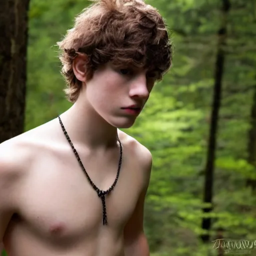 Image similar to a teenage boy, around 1 9 yo. necklace. natural brown hair. loincloth, pale skin. detailed face. ominous and eerie looking forest in background. natural colors. hyperrealistic photo.