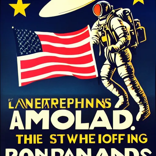 Image similar to americanized propaganda poster, moon landing