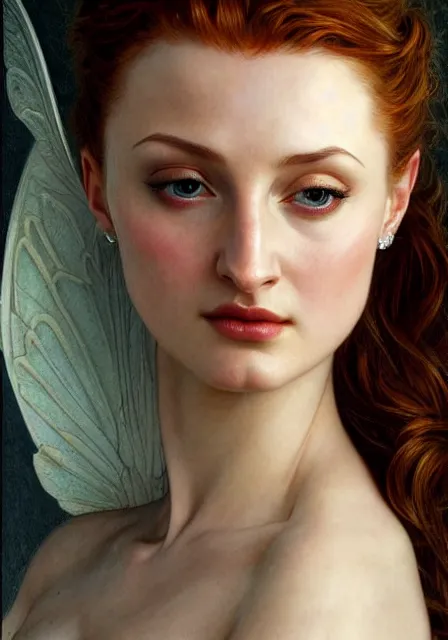 Image similar to sansa angeline jolie gessica chastain fairy, intricate, elegant, highly detailed, digital painting, artstation, concept art, smooth, sharp focus, illustration, art by artgerm and greg rutkowski and alphonse mucha and william - adolphe bouguereau