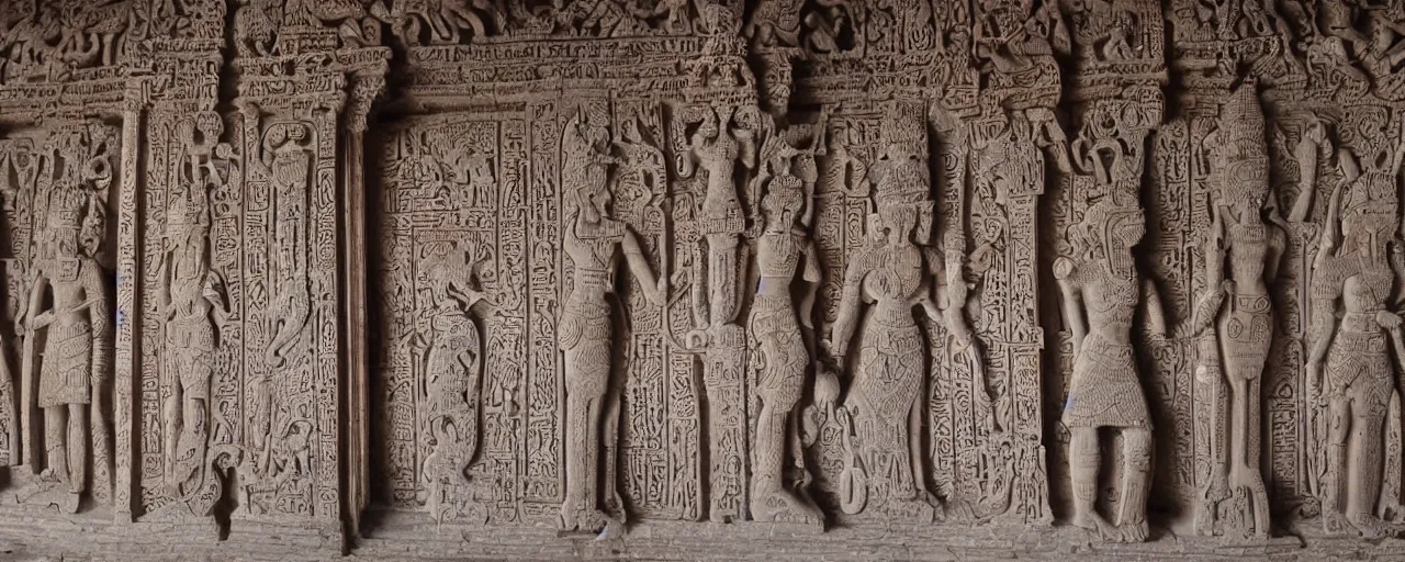 Image similar to temples intricately carved with language of the gods, depicting species long extinct and ethereal beings, sanskit, hieroglyphs, artistic carved into marble pillars at the entry way to heavan, high detail, cinema lens, cinematography, ethereal lighting - H 640