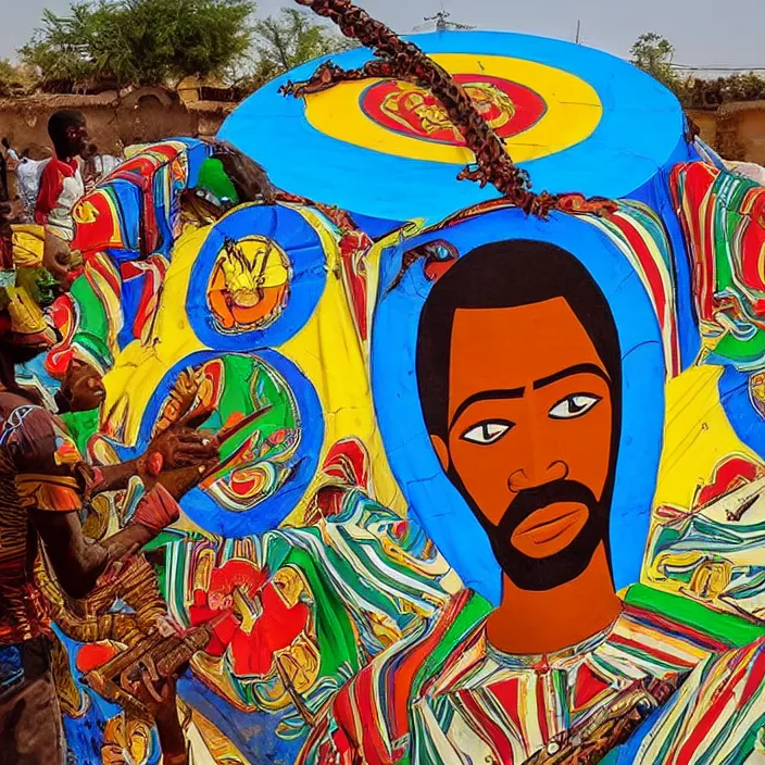 Image similar to UFO hovering over an African Jesus , colourful, in the style of Nigerian truck art (Eagle & Snake, Kano),