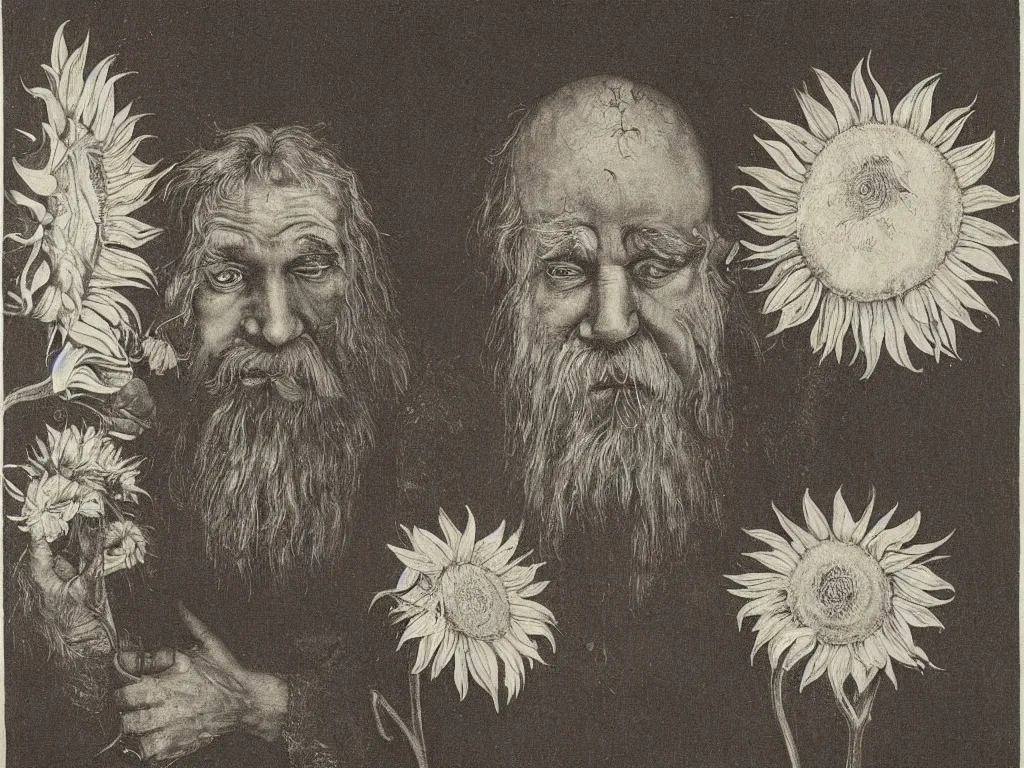 Image similar to Old long bearded man with sunflower in a dark room. Painting by Lucas Cranach, Roger Ballen