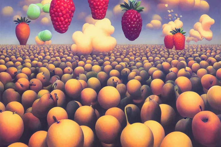 Prompt: Crowd with fruit heads by Magritte and Beeple, fruits raining from clouds, surreal painting, oil painting, hyper detailed, clean shapes