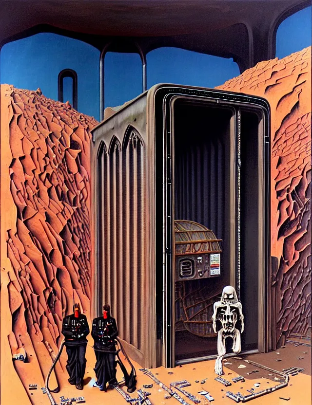 Image similar to huge gothic crematorium on desert planet, elevator, side ramp entrance ambulance smoke dead bodies, guards intricate, painting by lucian freud and mark brooks, bruce pennington, dark colors, neon, death, guards