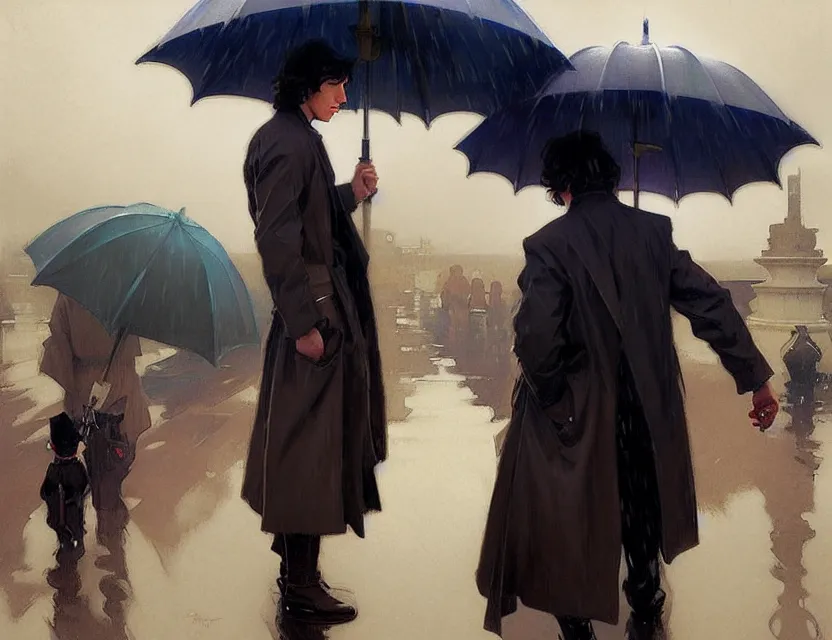 Prompt: ben solo in the rain, somber, painted by krenz cushart, mucha, ghibli, by joaquin sorolla rhads leyendecker, by ohara koson