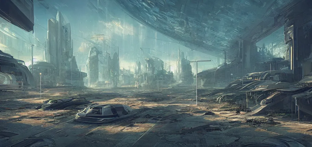 Image similar to futuristic and abandoned landscape of a solarpunk city by wlop and taras shevchenko