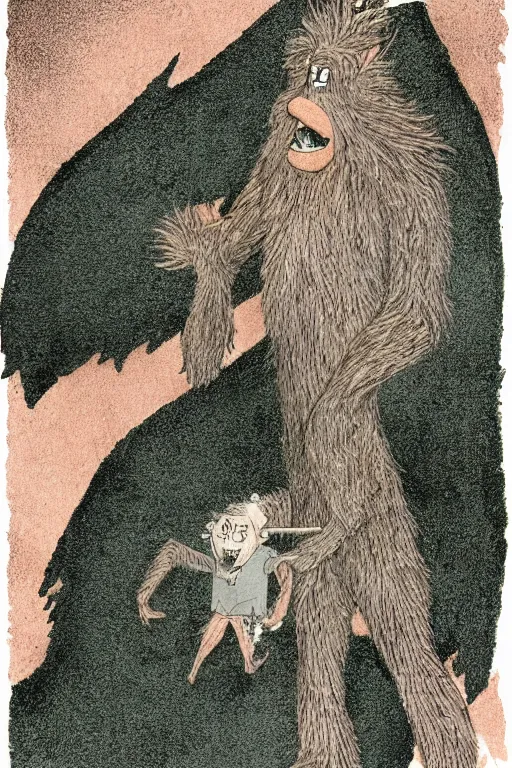Prompt: Artwork by Maurice Sendak of Abe the Forgotten Beast, A towering humanoid composed of rose gold, with a gaunt appearance and a matted grey fur