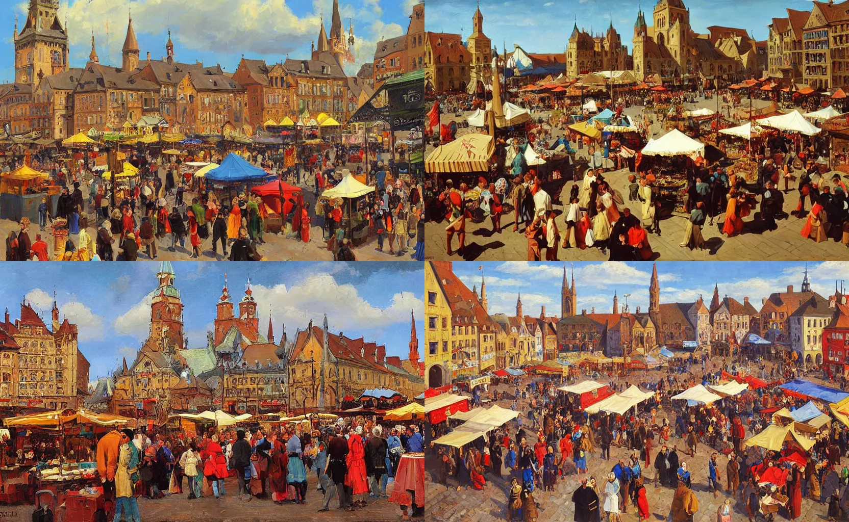 Prompt: a bustling medieval market square, fantasy painting by Karl Gustav Rodde and Ben Aronson