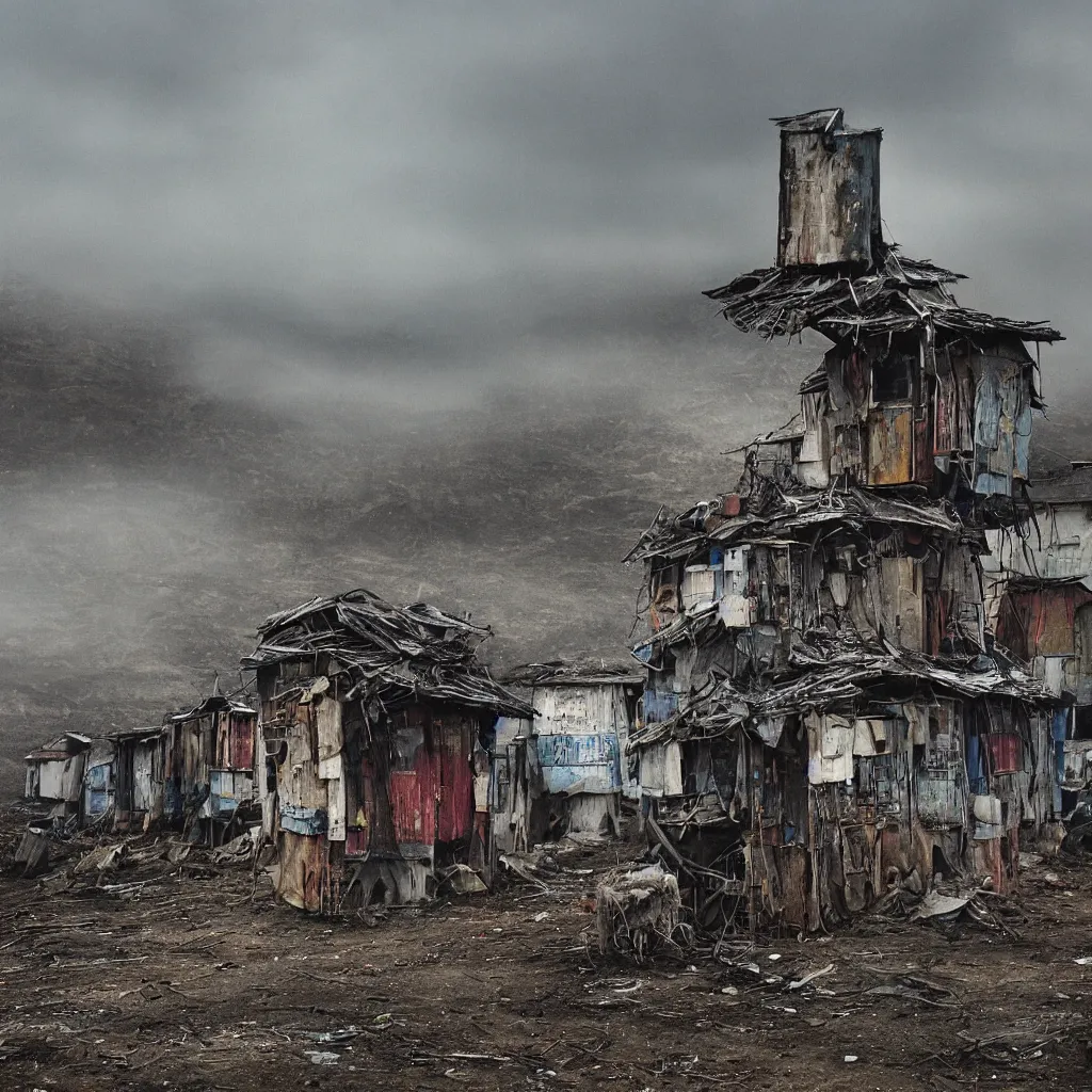 Image similar to two towers, made up of makeshift squatter shacks with faded colours in philippines, moody cloudy sky, uneven fog, dystopia, mamiya, f 1 1, fully frontal view, photographed by jeanette hagglund