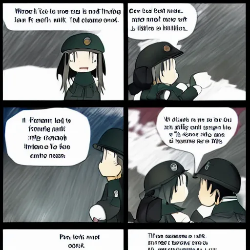 Image similar to comic drawn in pen, two panel meme, chito girls last tour, first panel contains speech bubble, fan art, anime,