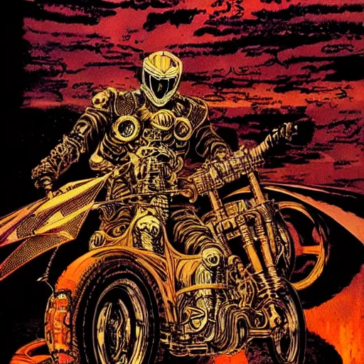 Image similar to infernal motorbiker, atmospheric lighting, painted, intricate, golden hour, ultra detailed by philippe druillet