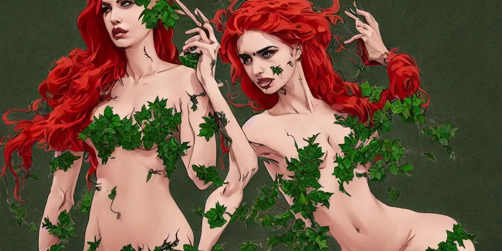 Image similar to ana de armas as poison ivy, character sheet, concept design, contrast, kim jung gi, greg rutkowski, zabrocki, karlkka, jayison devadas, trending on artstation, 8 k, ultra wide angle, pincushion lens effect