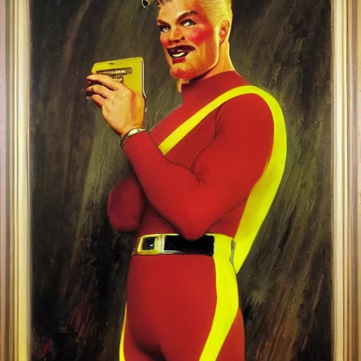 Image similar to a portrait painting of Flash Gordon. Painted by Norman Rockwell