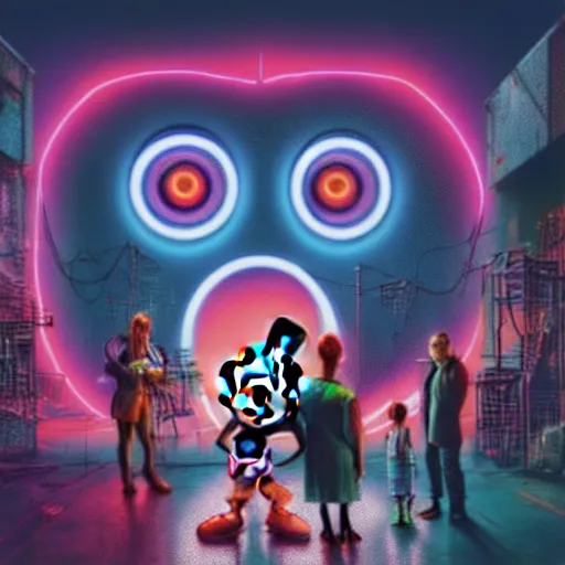 Image similar to a group of people standing around a giant one - eyed mickey mouse, cyberpunk art by david lachapelle, cgsociety, dystopian art, netflix neon logo concept art, neons, interior