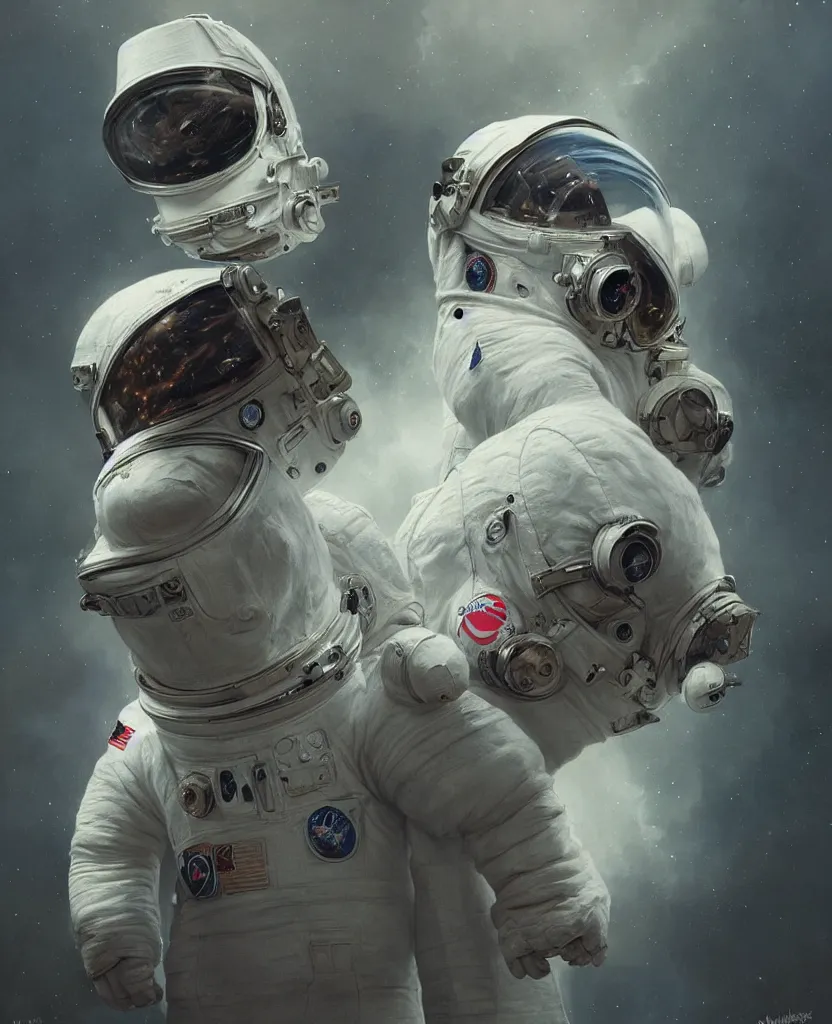 Image similar to realistic photography of an alive deformed, double headed astronaut wearing torn space suits, scared face behind the snoopy cap, deep focus, intricate, elegant, highly detailed, foggy, misterious, digital painting, artstation, concept art, matte, sharp focus, art by artgerm and greg rutkowski and alphonse mucha