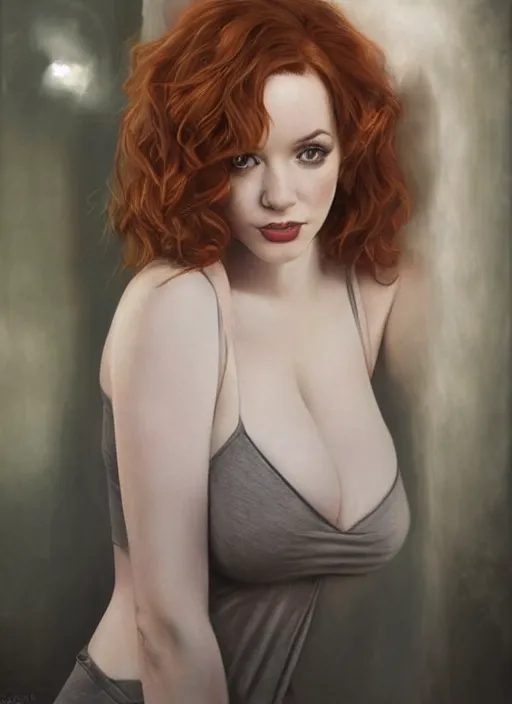 Image similar to full length photo of gorgeous christina hendricks in a tanktop in the style of stefan kostic, realistic, sharp focus, 8k high definition, insanely detailed, intricate, elegant, art by stanley lau and artgerm