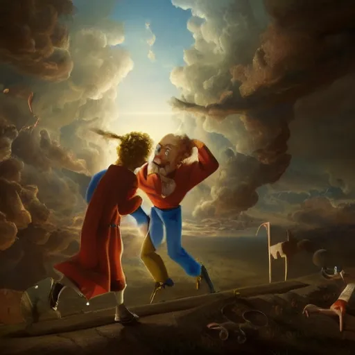 Image similar to isaac newton and leibniz fighting over calculus, detailed, centered, digital painting, artstation, concept art, in the style of a pixar film, breathtaking, 8 k resolution, extremely detailed, beautiful, establishing shot, artistic, hyperrealistic, octane render, cinematic lighting, dramatic lighting,