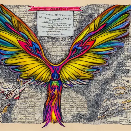 Image similar to A banshee with large and colorful wings kneels down by an old paper map while eating a piece of meat.