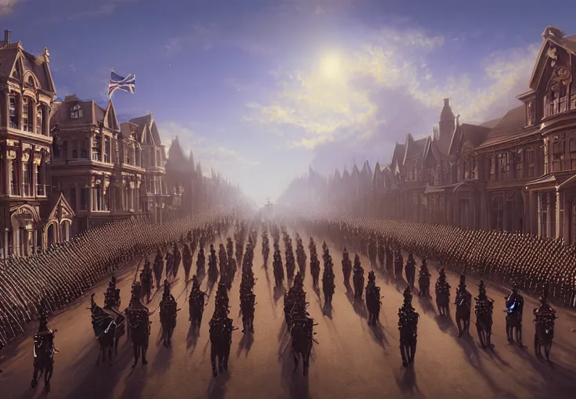 Image similar to a victorian army parade down a town street, blue sky, sunny, detailed, volumetric, cinematic lighting, realistic, digital art by greg rukowski