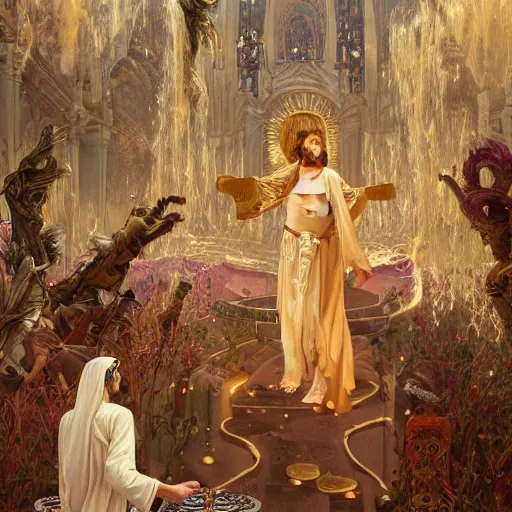 Image similar to a detailed picture of jesus cleansing the temple, thrown tables, scattered gold coins, fleeing merchants, fantasy, intricate, elegant, highly detailed, digital painting, artstation, matte, sharp focus, illustration, art by john collier and albert aublet and krenz cushart and artem demura and alphonse mucha