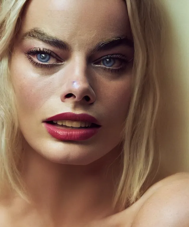 Prompt: a color photograph of margot robbie, by annie leibovitz, platinum blond, intense, bold, exaggerated, ultra sharp, extra details, ultra high quality, trending on pinteresst