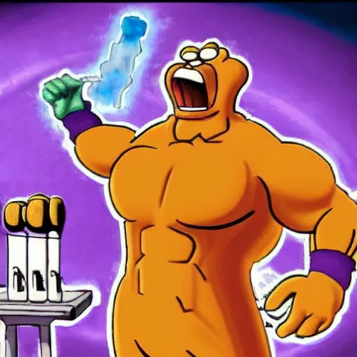 Prompt: garfield as a mad scientist creating thanos in a laboratory