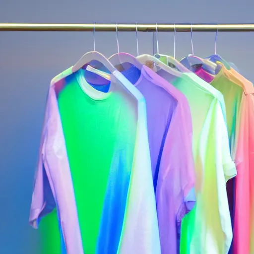 Image similar to an ultra high definition professional studio quality photograph of a transparent iridescent perspex pastel coloured t - shirt on a white coat hook in an empty white room. dramatic lighting, ray tracing, refraction, shallow d. o. f, colour corrected, golden ratio, three point light. volumetric shadows..