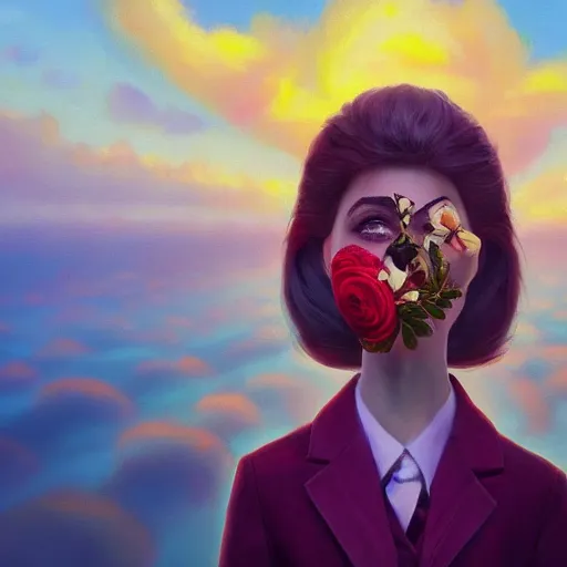 Image similar to closeup, huge rose flower face, frontal, girl with suit, surreal photography, sunrise, dramatic light, impressionist painting, digital painting, artstation, simon stalenhag