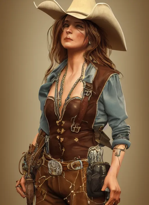 Image similar to detailed full body concept oil painting of a cowgirl, beautiful face, elegant pose, fantasy, illustration, insanely detailed and intricate clothing, octane render, 4k