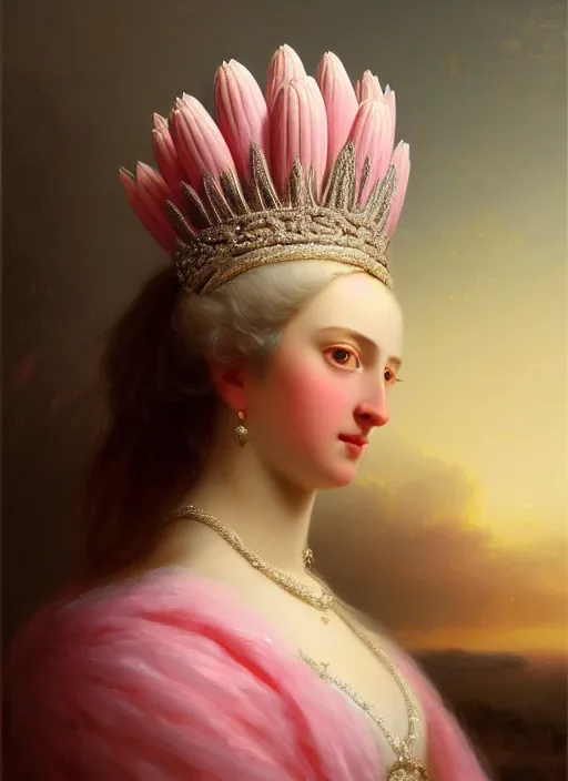 Image similar to stunning swedish godess princess, detailed pink and white protea head peace against a black backdrop by ivan aivazovsky, wlop, super sharp details, photorealism, 5 0 mm lens, oil painting, beautiful soft lighting, muted colours, artstation